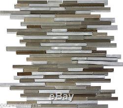 10 SF Modern Metal Stainless Steel Linear glass mosaic Tile Kitchen Beige Wall