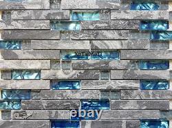 11PCS Gray Marble Glass Wall Interlocking Blue Kitchen Backsplash Stone Tile