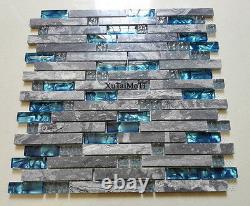 11PCS Gray Marble Glass Wall Interlocking Blue Kitchen Backsplash Stone Tile