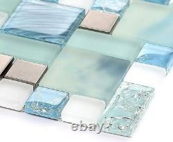 11PCS Hand-Painted Blue Glass Backsplash Tile Silver Stainless Steel Mosaic MH10