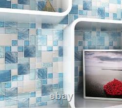 11PCS Hand-Painted Blue Glass Backsplash Tile Silver Stainless Steel Mosaic MH10