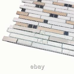 11PCS Linear Glass Tile with Silver Stainless Steel & Rhinestone Mosaic YG002