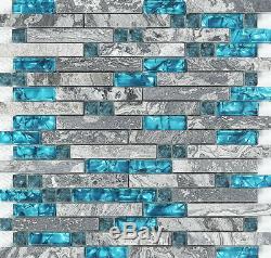 11PCS Linear Mosaic Wall Tile, Polished Marble and Glass, Teal Blue/Gray 9805