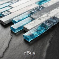 11PCS Linear Mosaic Wall Tile, Polished Marble and Glass, Teal Blue/Gray 9805