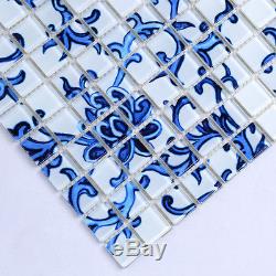 11PCS blue and white parquet glass mosaic kitchen backsplash bathroom wall tile