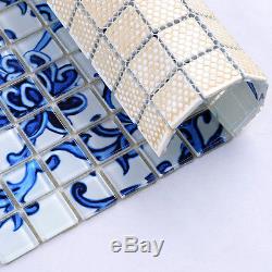 11PCS blue and white parquet glass mosaic kitchen backsplash bathroom wall tile