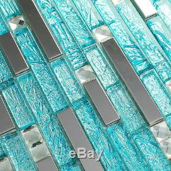 11-PCS Backsplash Tile Turquoise Glass & Silver Stainless Steel Bath Walls H20