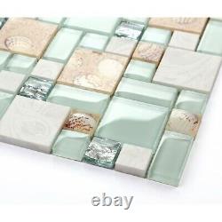 11 PCS Beach Style Backsplash Tile Green Lake Glass Mix Stone and Resin Mosaic