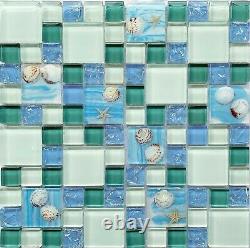 11-PCS Beach Style Glass Backsplash Tile Crackle Mixed Blue & White Mosaic GC370