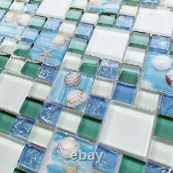 11 PCS Beach Style Glass Backsplash Tile Crackle Mixed Blue & White Mosaic Walls