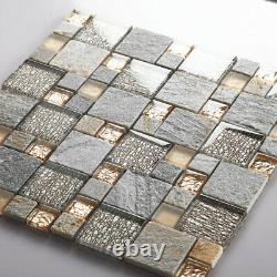 11 PCS Glass Stone Mosaic Tile Rose Gold and Gray Kitchen Backsplash Wall Tiles
