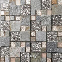 11 PCS Glass Stone Mosaic Tile Rose Gold and Gray Kitchen Backsplash Wall Tiles