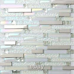 11 PCS Glass and Metal Backsplash Tile Iridescent & Mirrored Silver Mosaic Walls