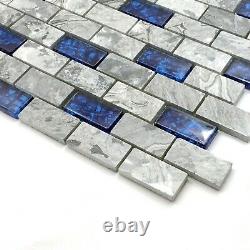 11 PCS Glass and Stone Subway Tile 1x2 Royal Blue & Gray Wall Backsplash Tiles