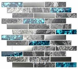 11-PCS Grey Linear Wall Tiles, Marble Glass Mix Stainless Steel Backsplash MGT04
