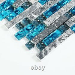11 PCS Linear Mosaic Wall Tile, Polished Stone & Glass, Teal Blue Mixed Gray