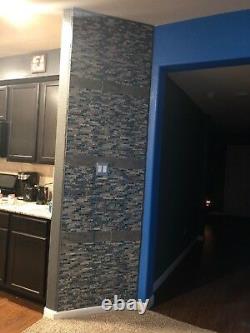 11 PCS Linear Mosaic Wall Tile, Polished Stone & Glass, Teal Blue Mixed Gray