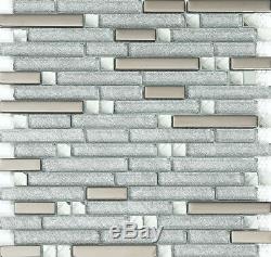 11 PCS Silver Backsplash Tile, Glitter Glass Mosaic Linear Wall Tiles YG001