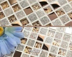 11 PCS Stone Mosaic Mixed Glass and Metal, Gray and Rose Gold Backsplash Tile