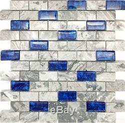 11-PCS Subway Wall Tile 1 x 2 Royal Blue Glass and Gray Marble Backsplash NB03