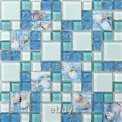 11-Sheets Blue Ice Crack Glass Tile, White and Teal Bathroom Wall Tiles, Beac