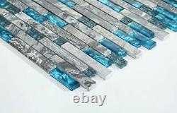 11-Sheets Gray Marble Backsplash Wall Tiles, Teal Blue Glass Box of 11 Sheets