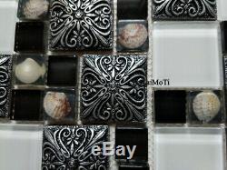11pcs White Black Shell Blue Glass Mosaic Bathroom Wall Kitchen Shower Tile
