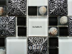 11pcs White Black Shell Blue Glass Mosaic Bathroom Wall Kitchen Shower Tile
