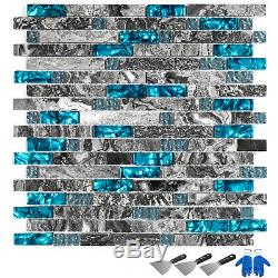 12 Sq Ft Gray Marble Glass Wall Interlocking Blue Kitchen Backsplash Stone Tile