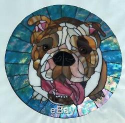 14.5 Round Stained Glass Mosaic Tile English BULLDOG Handmade Wall Art Bull Dog