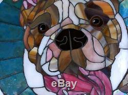 14.5 Round Stained Glass Mosaic Tile English BULLDOG Handmade Wall Art Dog Bull