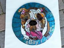 14.5 Round Stained Glass Mosaic Tile English BULLDOG Handmade Wall Art Dog Bull