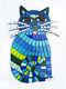 14 Blue Stained Glass Mosaic Tile Whiskered Cat Wall Art