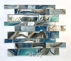16 Sq Ft Modern Linear Glass Mosaic Tiles Crystal Lagoon Kitchen Backsplash Bath