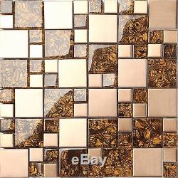 1 SQ M Metallic Mix Brushed Steel Copper Effect Glass Mosaic Wall Tiles 0087