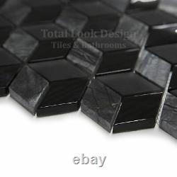 3D Nero Glass & Marble Mosaic Tiles Sheet For Walls Floors Bathrooms Kitchen