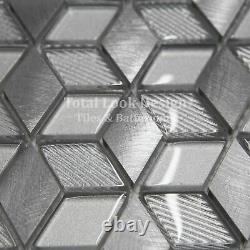 3D Silver Glass Square Mosaic Tiles Sheet For Walls Floors Bathrooms Kitchen