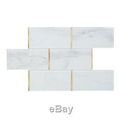 4 x 8 Super White Calacatta Stone Glass Subway Tile Gold Trim Backsplash Wall
