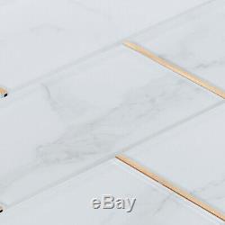 4 x 8 Super White Calacatta Stone Glass Subway Tile Gold Trim Backsplash Wall