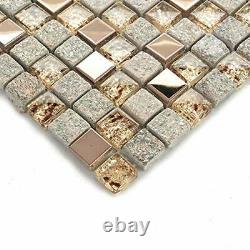 5-Sheets Bathroom Wall Floor Tile, Gray Stone&Glass Tile Backsplash, Rose Gold