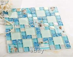 5-Sheets Blue Cracked Mosaic Tile Kitchen Backsplash, Resin Shell Tile Beach