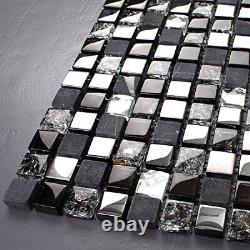 5-Sheets Glass Marble Wall Tile, Grey and Black Rhinestone Backsplash for