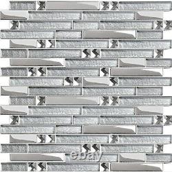 6-Sheets Silver and Clear Backsplash Tiles, Glossy Coated Glass Tile for Kitc