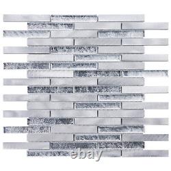Aluminum Metal Metallic Silver Gray Glass Brick Joint Mosaic Tile Backsplash
