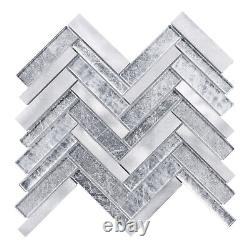 Aluminum Metallic Metal Gray Silver Glass Herringbone Mosaic Tile Backsplash