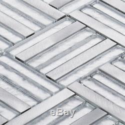 Aluminum Metallic Silver Foil Glass Parquet Mosaic Tile Kitchen Wall Backsplash