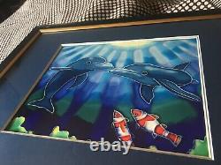 Art Glazed Tile Dolphins & Fishes Glass Frame Vintage Wall Artist Decor