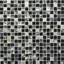BLACK/SILVER MIX Translucent Mosaic tile clear GLASS/STEEL Wall 92-0304 10sheet