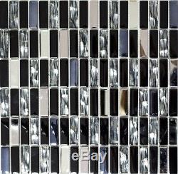 BLACK/SILVER Translucent Mosaic tile STICK GLASS/STEEL Wall Bath 87-030110sheet
