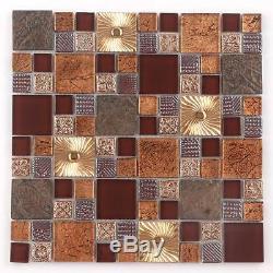 Backsplash Tile Metallic Glass Red Kitchen Tiles Wall Mosaic Metal Brown (11PCS)
